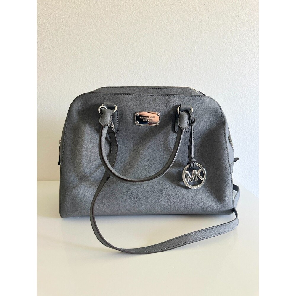 Michael Kors Saffiano Large Dome Satchel Purse Gray Crossbody Detachable Strap